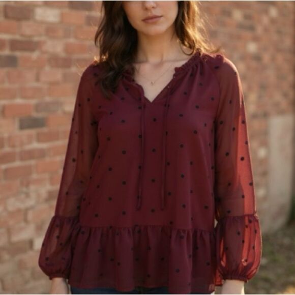 Old Navy Burgundy Long Sleeve Top with Navy Blue Polka Dots. Size Small - Picture 1 of 6